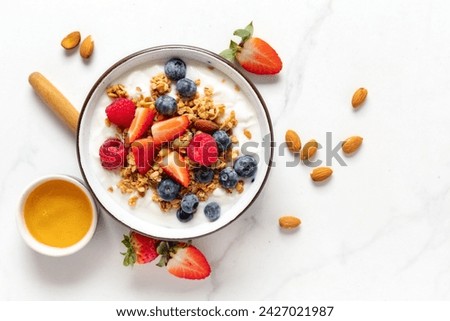 Similar – Image, Stock Photo Breakfast with granola, berries and milk