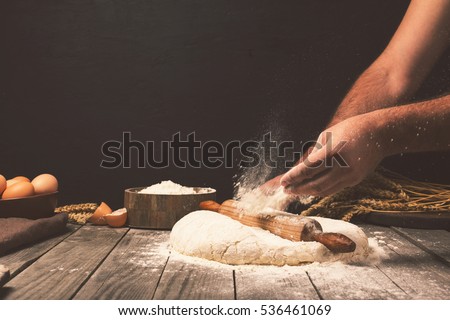 Similar – Image, Stock Photo Cook kneading dough with hand on table