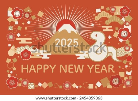 Illustration of 2025 New Year's card with illustration of Mt. Fuji and snake