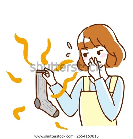 Illustration of a young woman frowning at the smell of smelly socks.