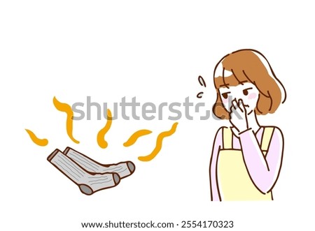 Illustration of a young woman frowning at the smell of smelly socks.