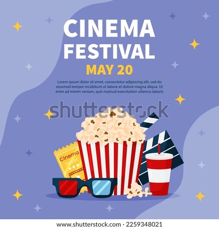 Vector square template cinema movie festival poster card. Popcorn basket, ticket, clapper, 3d glasses on violet background. Flyer or brochure for event