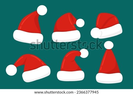 Vector set of Santa hats. Christmas holiday red head wear collection isolated on blue. Traditional season celebration decoration. Flat style.