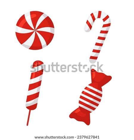 Vector set of red sweet christmas candies. Candy cane, lollipop isolated on white.