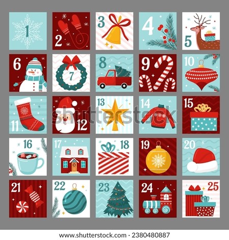 Vector Christmas advent calendar with Santa Claus, snowman, candies, gifts, christmas tree, decorative balls. Countdown holiday calendar. December dates festive event xmas.