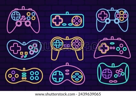 Vector neon glow game controller gamepad icons set. Colored outline joysticks elements flat style on night dark background. Gamer device collection.