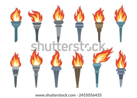 Vector burning flame torches set icons isolated on white background. Sport flat style games victory symbols collections. Winner abstract sign.