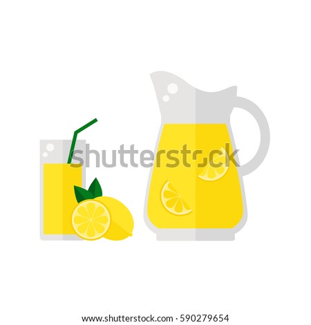 Lemonade juice icon isolated on white background. Glass with straw, pitcher and lemon fruit. Refreshing drink. Flat vector illustration design. 