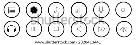 Media player icons set. Video and audio controller buttons. Music and multimedia navigation collection. Microphone icon with volume sign. Equalizer tool with play and stop.