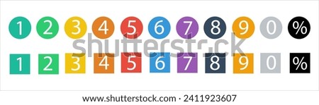 Numbers. Collection round and square number icons. Colorful Numbers with percentage. Numbers from 1 to 0 with percentage. Colorful isolated font in modern design