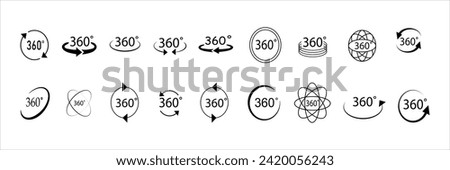 360 degree views of vector circle icons set isolated from the background. Signs with arrows to indicate the rotation or panoramas to 360 degrees. Vector illustration.