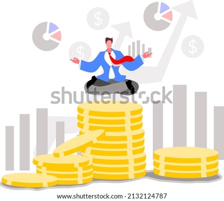 Vector illustration of man wearing suits levitating on coin stack depicting successful business and growth 