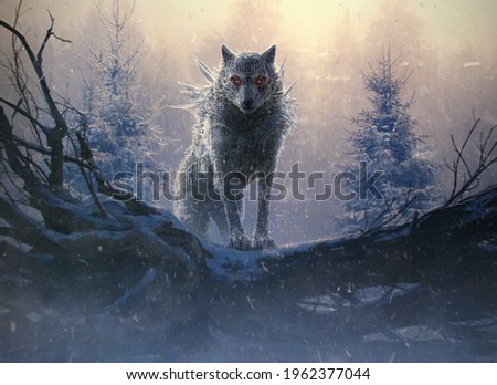 Illustration of Fenrir, the Giant Ice Wolf of the Norse mythology. He is a son of Loki and is foretold to kill the god Odin during the events of Ragnarök, but will in turn be killed by Odin's son. Imagine de stoc © 