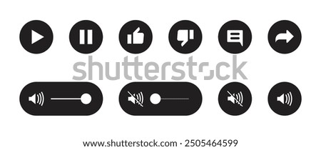 Vector Icon Pack for User Interface Design, Featuring Essential Icons like Dislike, Share, Comment, Speaker, and Mute Speaker, Perfect for Website Development, Mobile App Design, and Digital Projects