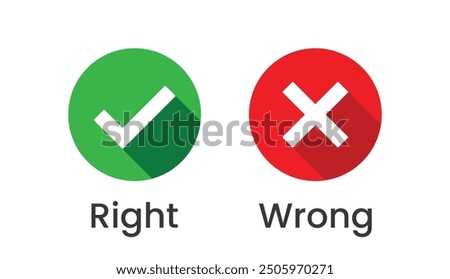 Right and Wrong Icon Set - Green Check Mark and Red Cross Graphic for Correct and Incorrect Indications, Decision-Making, and User Interface Design