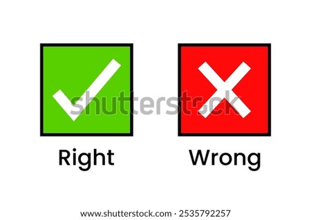 Right and Wrong Icon Set - Green Check Mark and Red Cross Graphic for Correct and Incorrect Indications, Decision-Making, and User Interface Design