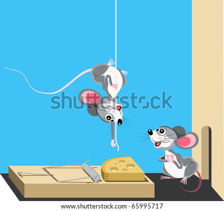 Two resourceful mice try to pull down a slice of cheese.