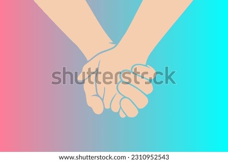 Two people are holding hands tightly on a pastel blue and pink background. Concept of love, friendship, closeness and strong connection between people