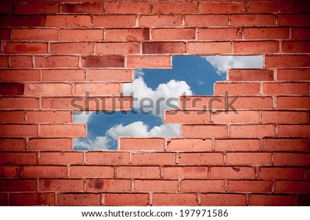 Red bricks broken wall blue sky view through chuckhole, background with dark vignette, brick wall surface detail abstract in horizontal orientation, digitally altered, nobody.