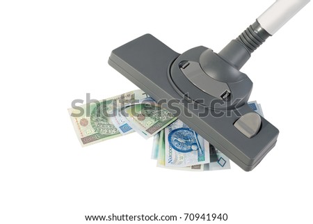Single vacuum cleaner nozzle sucking polish zloty money, domestic machine and banknotes concept, object isolated on white background in horizontal orientation, nobody.