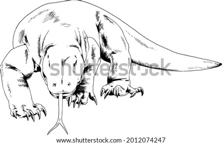 a large komodo dragon, a predatory reptile is preparing for an attack, hand-drawn, sketch, icon