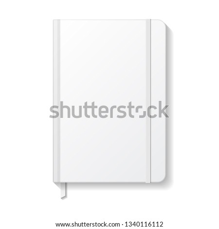 Blank white notebook with white elastic and ribbon bookmark mockup template. Isolated on white background with shadow. Ready to use for your design or business. Vector illustration.