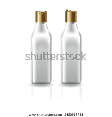 White square cosmetic bottle with gold push on cap for beauty or healthy product mockup template. Isolated on white background with shadow. Ready to use for package design. Vector illustration.