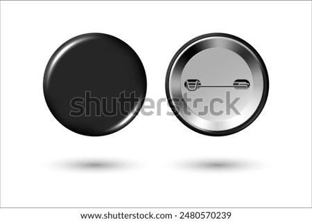 Black badge mockup. Round badge button brooch. Realistic black blank glossy round button badge pin with metal back cover. Vector illustration.