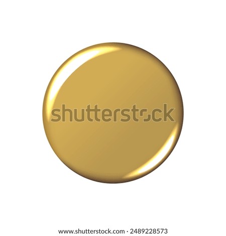 Gold badge mockup. Isolated round badge button brooch. Realistic golden blank glossy round button badge pin. Vector illustration.