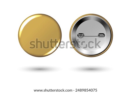 Gold badge mockup. Round badge button brooch. Realistic golden blank glossy round button badge pin with metal back cover. Vector illustration.