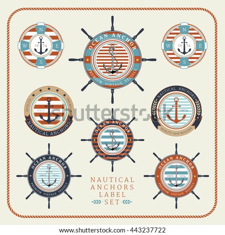 Nautical anchors label  set in blue, yellow and red colours