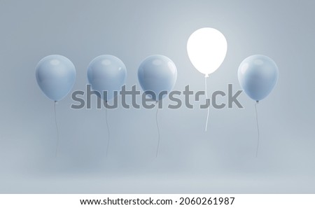 Successful business way, stand out from the crowd, different creative ideas, and develop working life concepts. One white glowing balloon flying away from other balloons on blue background. 3D render Photo stock © 