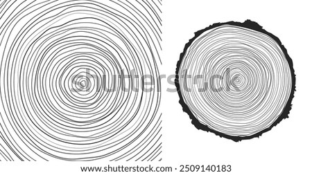 Vector illustration of a hand-drawn, wavy concentric tree ring pattern with an editable stroke, created from a sliced tree trunk with a ripple ring line pattern shape in organic wood