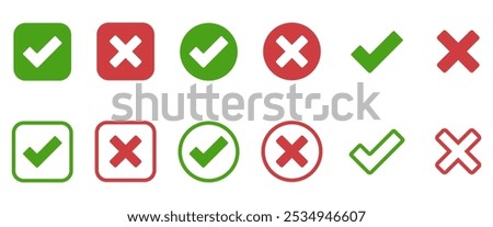 Button collection of a green checkmark, and red cross mark. Set of isolated tick symbols, checklist signs, approval badge. Flat, simple, modern yeas and no checkmark icon design. Vector illustration