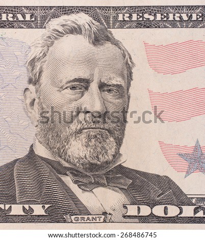 Fifty dollar bill macro, 50 usd, president Ulysses Grant portrait, united states money closeup