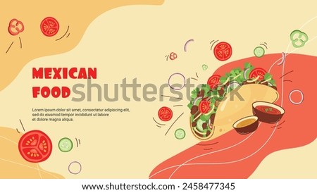 Banner template for website to promote a Mexican restaurant, bar with an illustration of a traditional vegetable chicken tacos. Vector