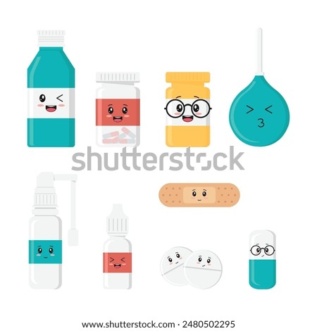 Medical smiley faces on white, medical capsules, pills, jars, syringe, plaster. Kawaii character. 