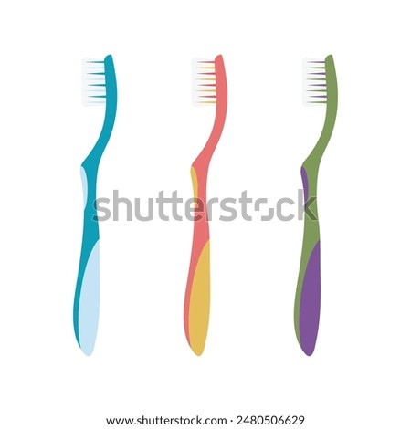 Toothbrush set on white insulated background with different colours. Dentistry concept, oral care. Vector