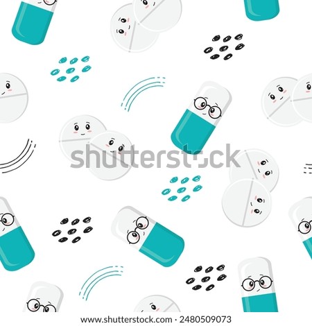 Medical seamless picture background with pills, medicines and capsules in kawaii style with smiley faces