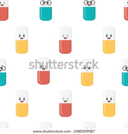 Medical seamless picture background with pills, medicines, kawaii style with smiley faces