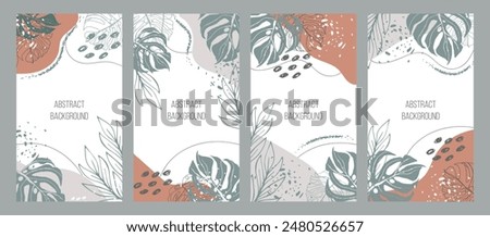 Botanical set. Trendy abstraction editable template for social media stories, tropical leaves, green, orange, earthy colours. Vector illustration. Social media background design.  