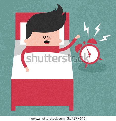 Happy businessman sleeping in bed when the alarm clock rang, wake up early, morning. Concept  illustration. Vector flat design. Trendy graphic cartoon style. Cute funny card