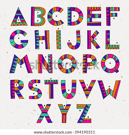 set of ABC letters. colorful hand drawn graphic font. ethnic tribal vector alphabet. 