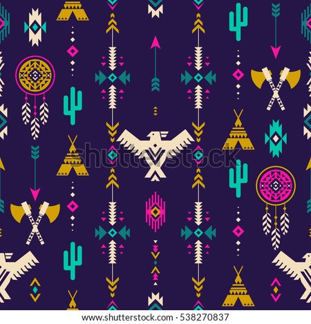 neon multicolor tribal vector seamless pattern with eagle, cactus, wigwam, tomahawk, arrows. aztec abstract geometric art print. ethnic vector background.