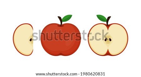 Set of apples and sliced apples (whole, half, slice) isolated on white background with flat and cartoon style.