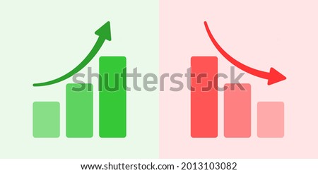 Green grwoth and red declaining graph bar icon with flat rounded cartoon style. Charts with bar growth and declaining. Graph trending upwards arrow and downwards arrow