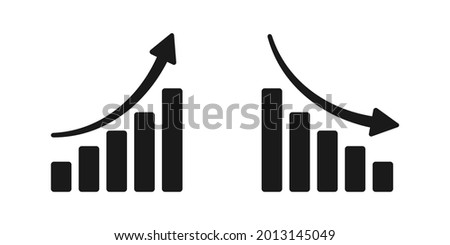 Black grwoth and declaining graph bar icon with flat rounded cartoon style. Charts with bar growth and declaining. Graph trending upwards arrow and downwards arrow