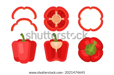 Set of red bell pepper or paprika in different forms. Whole, sliced paprika, paprika top view with flat round style isolated on white background