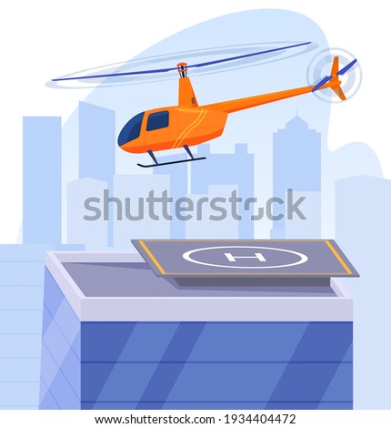 The helicopter flies over the helipad. Landing site on a skyscraper. Vector illustration.
