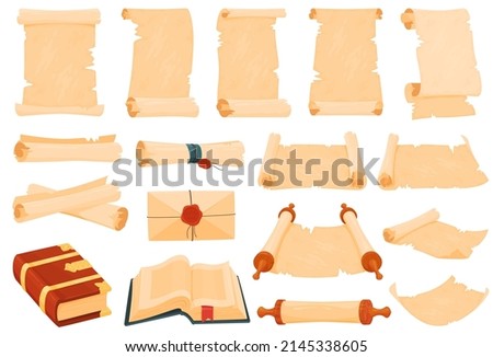 Set of ancient parchment scrolls and books. Literacy in ancient times. Vector illustration on a white background